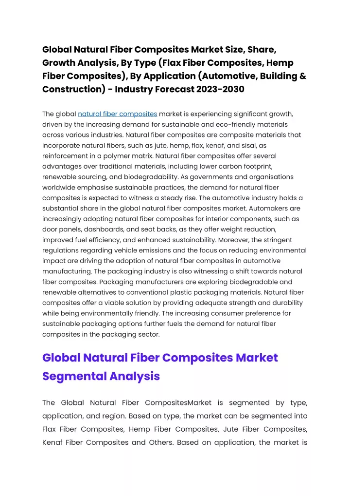 Global Natural Fiber Composites Market: Trends, Growth, And Opportunities To 2029 Global Natural Fiber Composites Market: Trends, Growth, And Opportunities To 2029