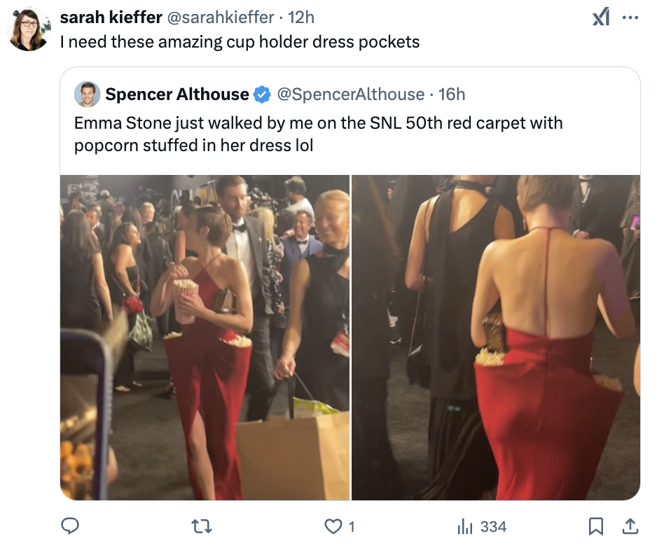 SNL 50th Anniversary: Emma Stone's Show-Stopping Popcorn Dress SNL 50th Anniversary: Emma Stone's Show-Stopping Popcorn Dress